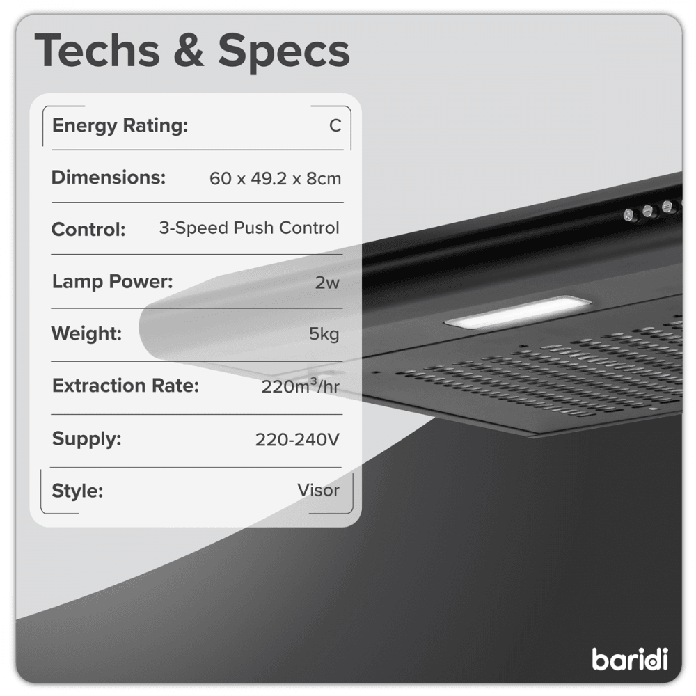 Baridi Visor Cooker Hood Extractor Fan 60cm - Black Model No- DH107
