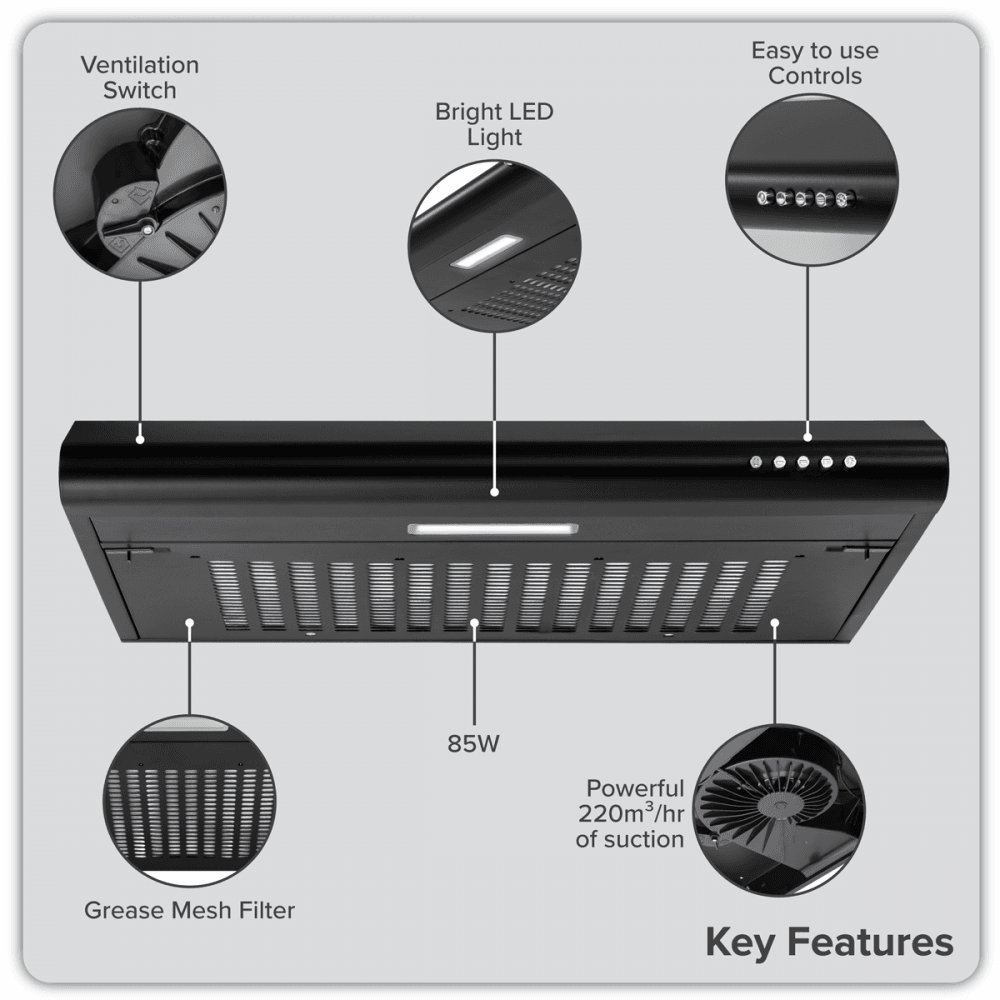 Baridi Visor Cooker Hood Extractor Fan 60cm - Black Model No- DH107
