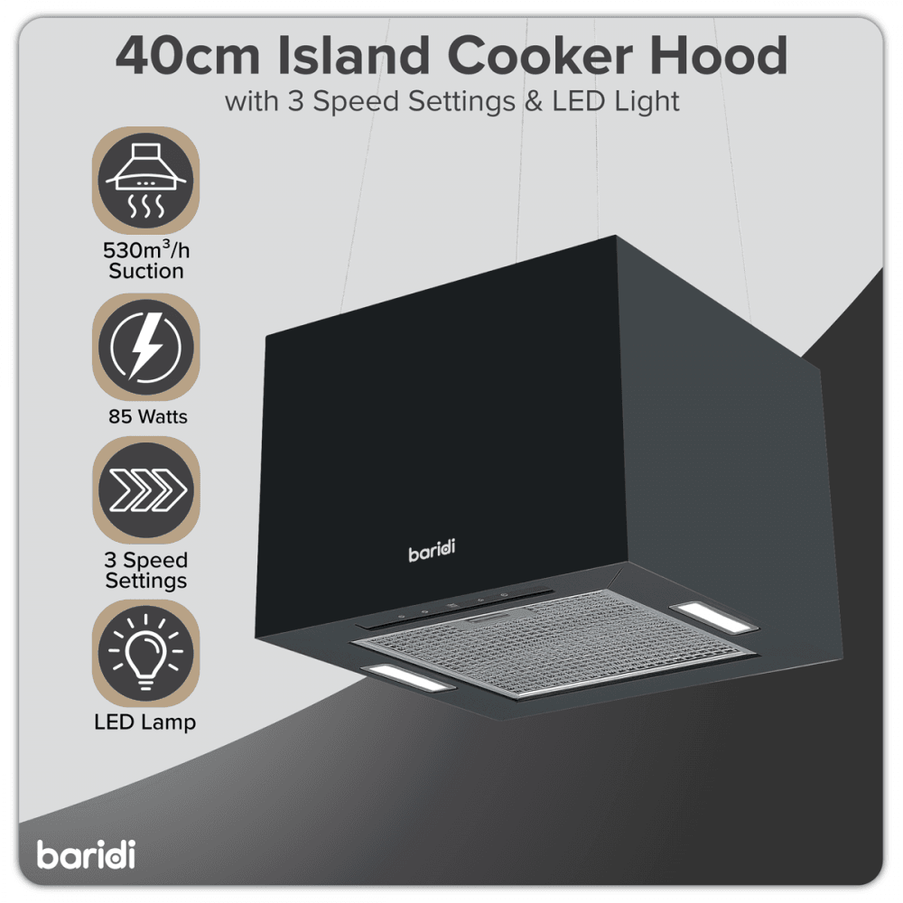 Baridi Square Island Cooker Hood 40cm - Black Model No- DH109
