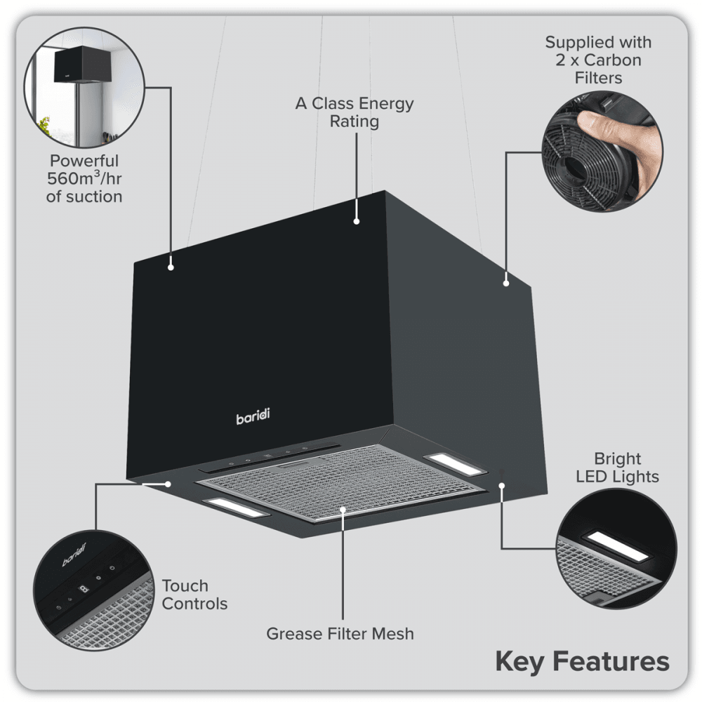 Baridi Square Island Cooker Hood 40cm - Black Model No- DH109
