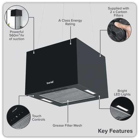 Baridi Square Island Cooker Hood 40cm - Black Model No- DH109