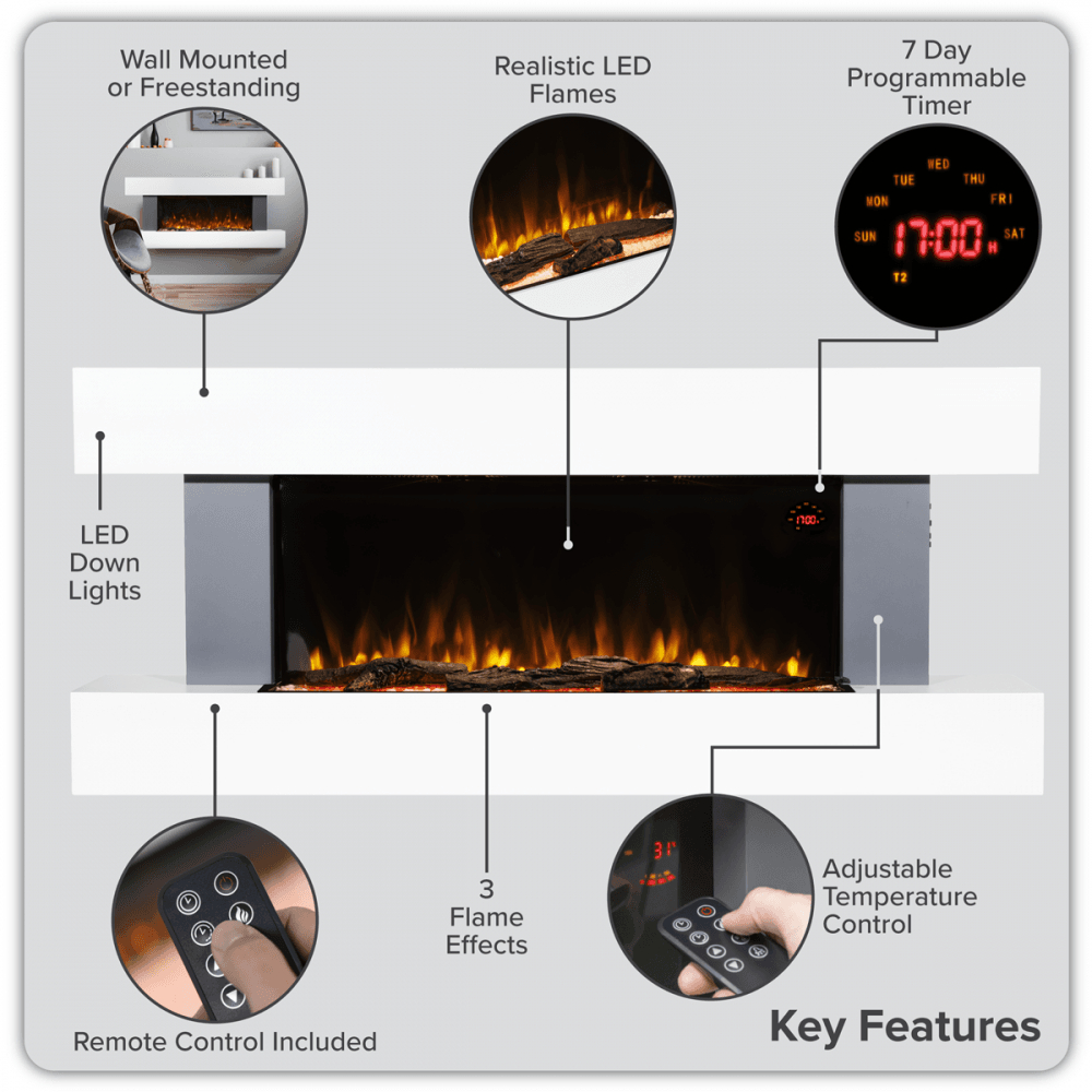 Baridi Wall Mounting Electric Fireplace with LED Flame Effect 52" - Grey Model No- DH112