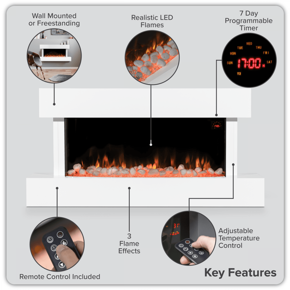 Baridi Wall Mounting Electric Fireplace with LED Flame Effect 46" - White Model No- DH113