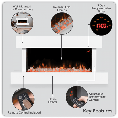Baridi Wall Mounting Electric Fireplace with LED Flame Effect 46" - White Model No- DH113