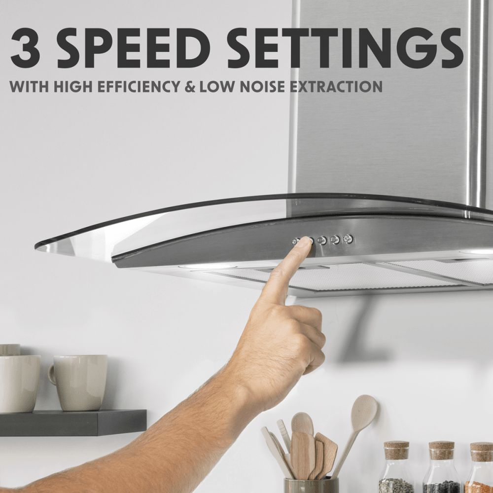Baridi Curved Glass Cooker Hood with Carbon Filters & LED Lights 60cm - Stainless Steel Model No- DH128