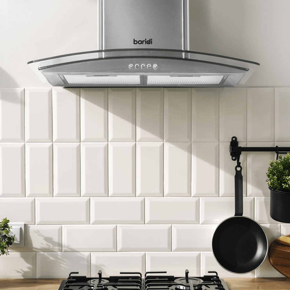 Baridi Curved Glass Cooker Hood with Carbon Filters & LED Lights 60cm - Stainless Steel Model No- DH128
