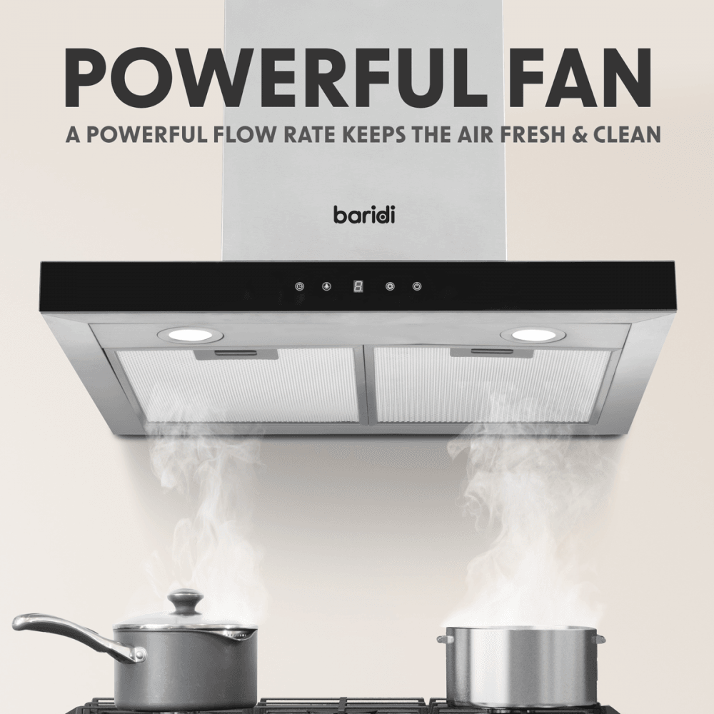 Baridi T-Shape Chimney Cooker Hood with Carbon Filters 60cm - Stainless Steel Model No- DH130