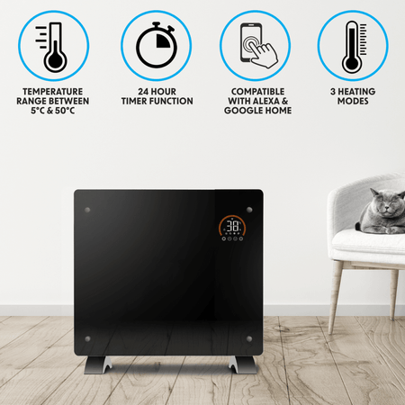 Baridi, Electric Glass Panel Heater, 1000W, Wi-Fi Enabled, Black - DH135 Model No- DH135