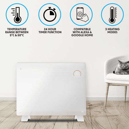 Baridi Electric Glass Panel Heater, 1500W, Thermostat Controlled 24Hr 7 Day Timer, Wi-Fi Enabled, Remote Control, White Model No- DH138