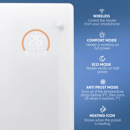 Baridi Electric Glass Panel Heater, 1500W, Thermostat Controlled 24Hr 7 Day Timer, Wi-Fi Enabled, Remote Control, White Model No- DH138