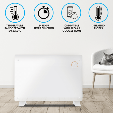 Baridi Electric Glass Panel Heater, 2000W, Thermostat Controlled 24Hr 7 Day Timer, Wi-Fi Enabled, Remote Control, White Model No- DH140
