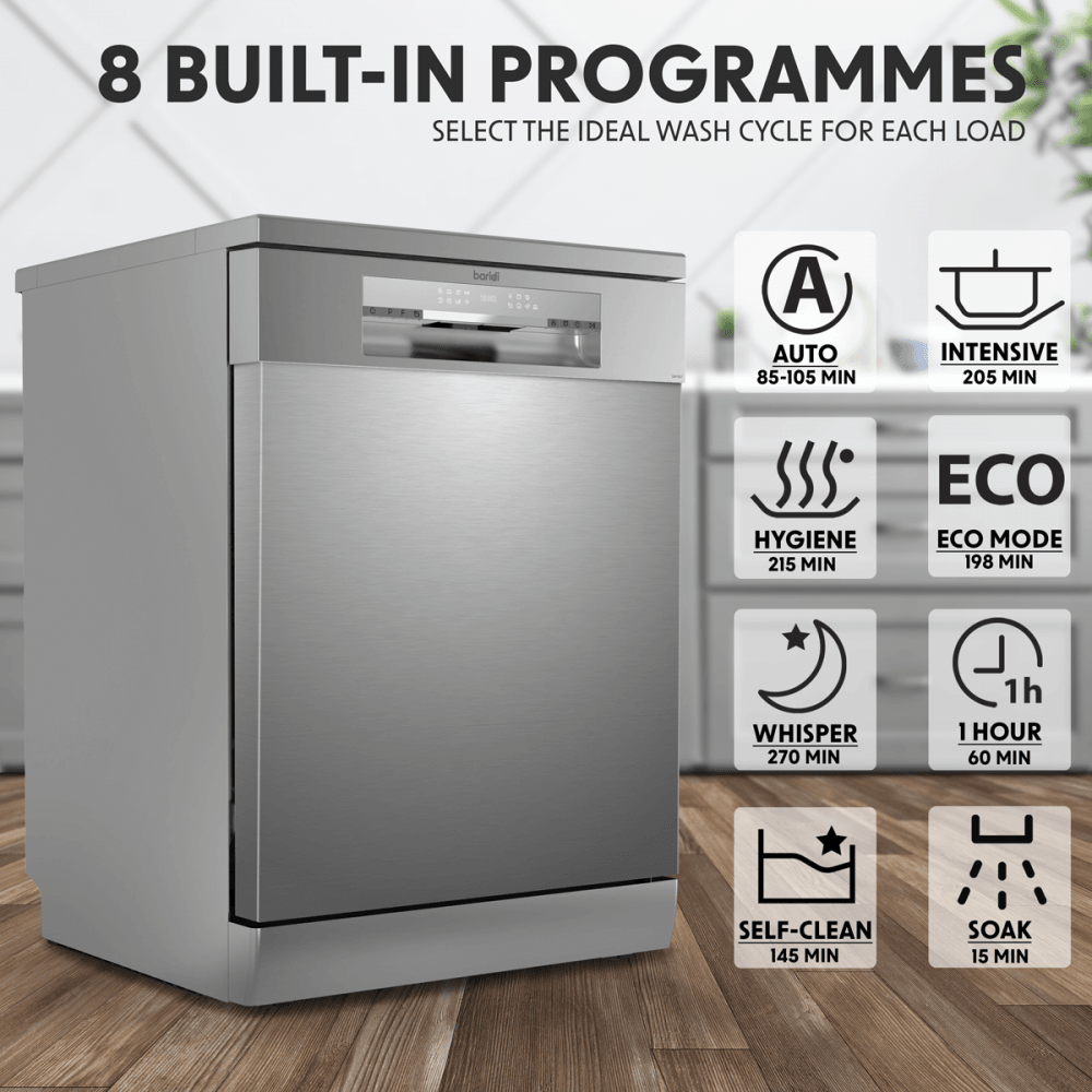 Baridi Regular Sized Freestanding Dishwasher 60cm Wide 14 Place Settings - Silver Model No- DH167