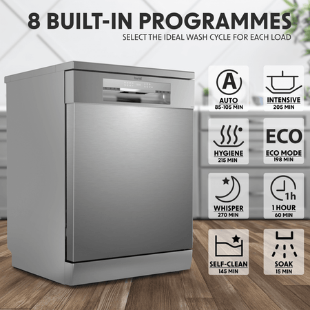 Baridi Regular Sized Freestanding Dishwasher 60cm Wide 14 Place Settings - Silver Model No- DH167