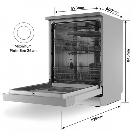Baridi Regular Sized Freestanding Dishwasher 60cm Wide 14 Place Settings - Silver Model No- DH167