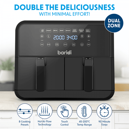 Baridi Dual Zone Air Fryer with 8 Preset Functions 8L Capacity Model No- DH172