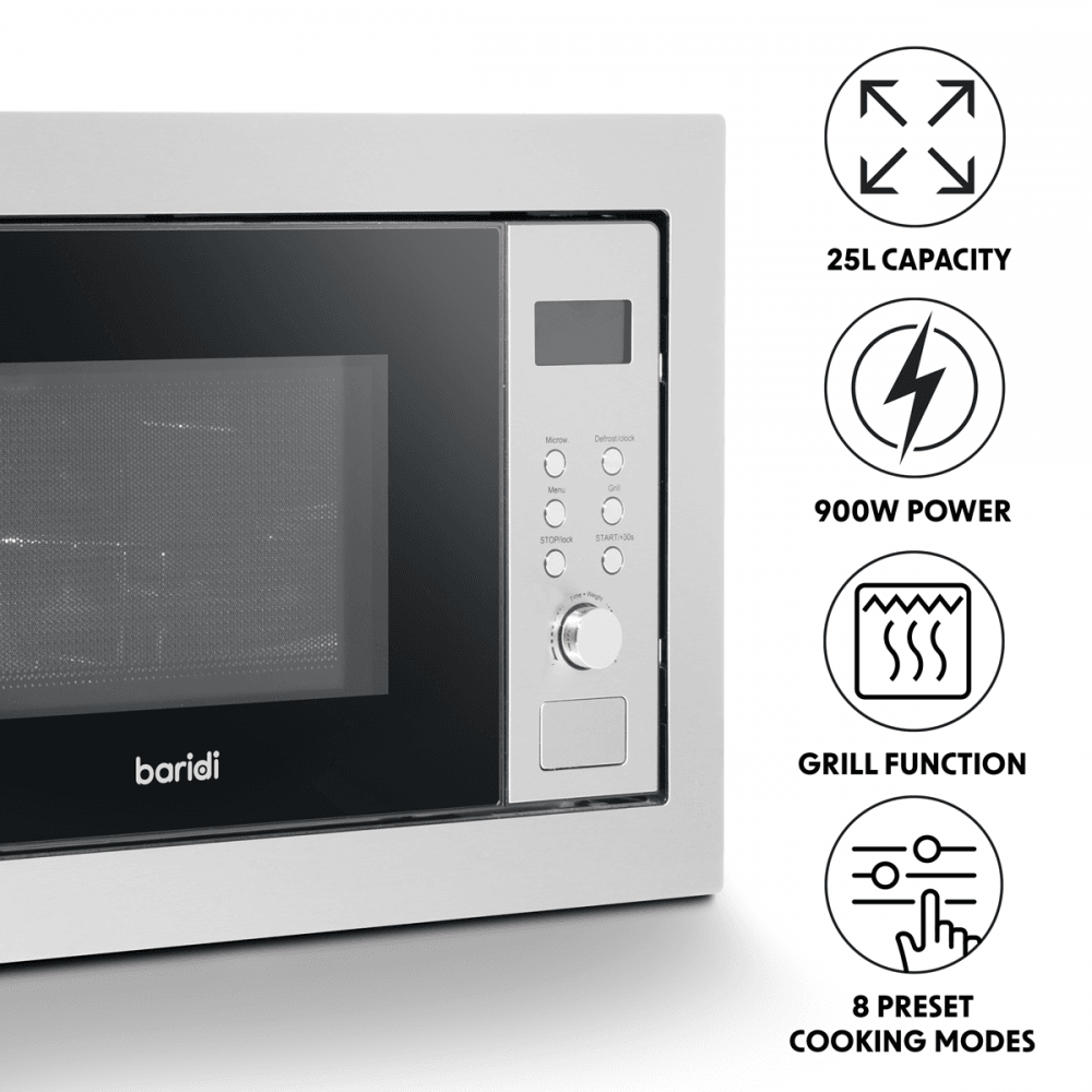 Baridi Integrated Microwave Oven with Grill 25L Capacity 900W - Stainless Steel Model No- DH197