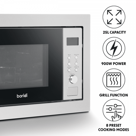Baridi Integrated Microwave Oven with Grill 25L Capacity 900W - Stainless Steel Model No- DH197
