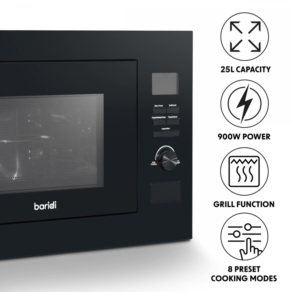 Baridi Integrated Microwave Oven with Grill 25L Capacity 900W - Black Model No- DH198