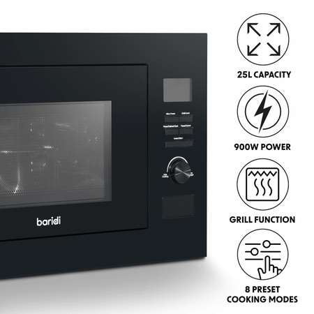 Baridi Integrated Microwave Oven with Grill 25L Capacity 900W - Black Model No- DH198