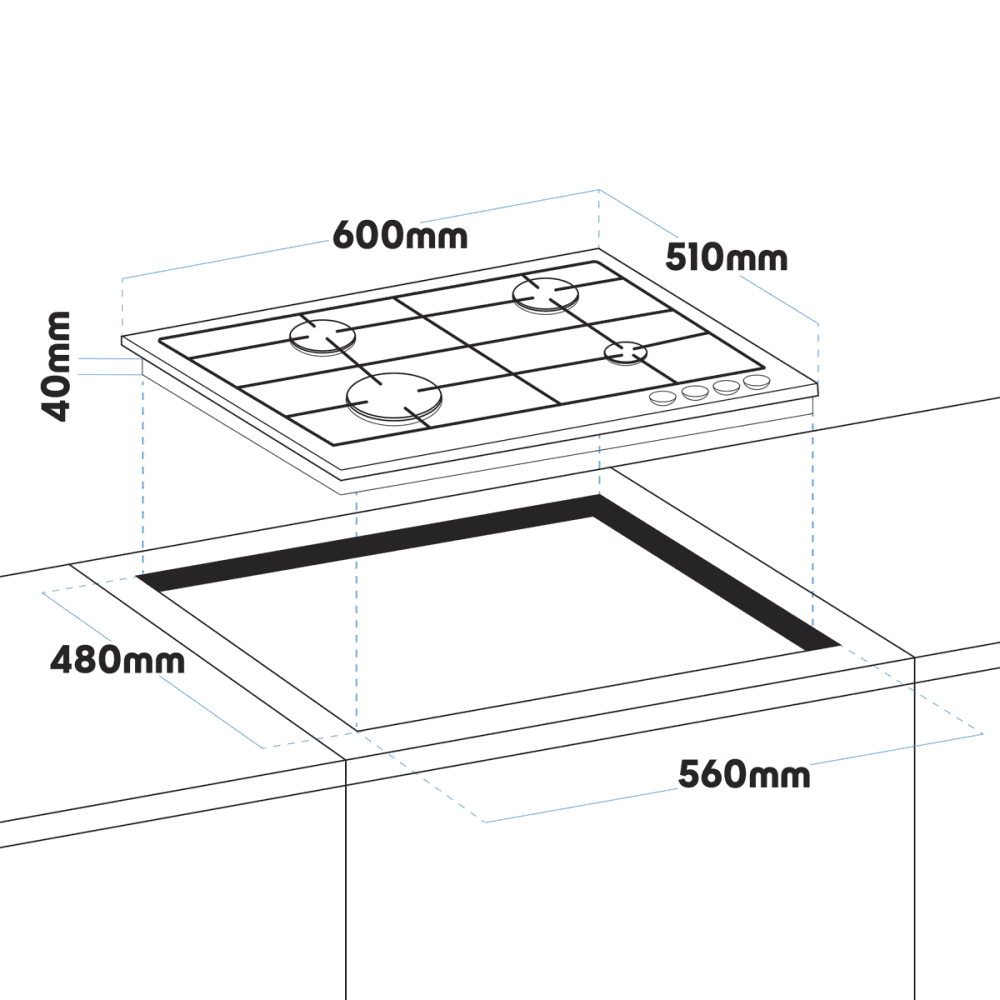 Baridi Gas Hob with 4 Cooking Zones 60cm - Black Model No- DH226