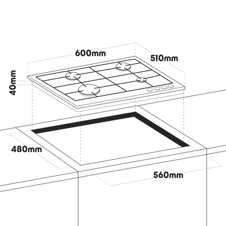 Baridi Gas Hob with 4 Cooking Zones 60cm - Black Model No- DH226