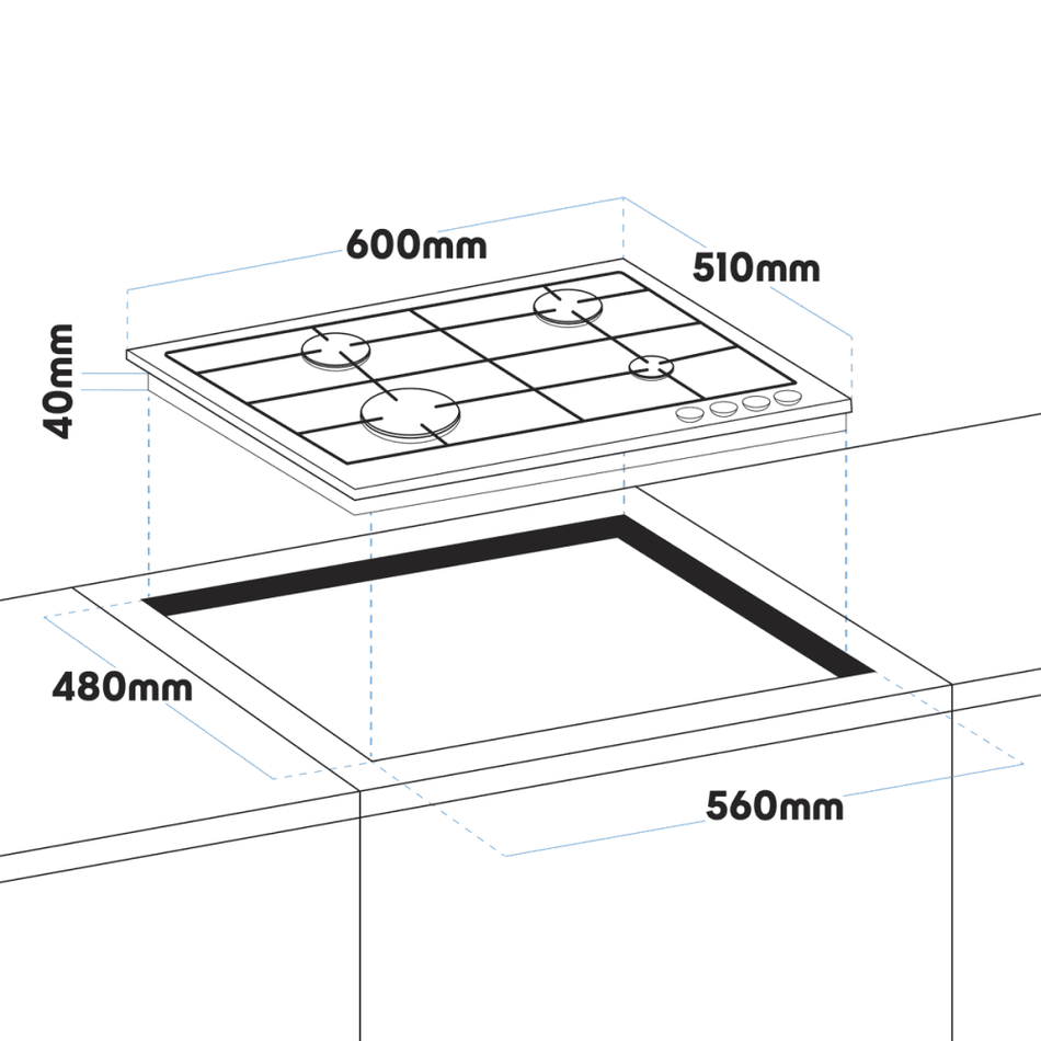 Baridi Gas Hob with 4 Cooking Zones 60cm - Black Model No- DH226