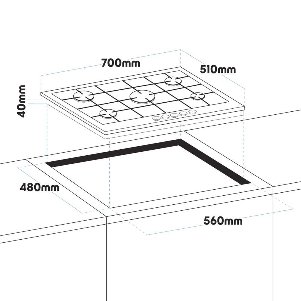 Baridi Gas Hob with 5 Cooking Zones 70cm - Stainless Steel Model No- DH227