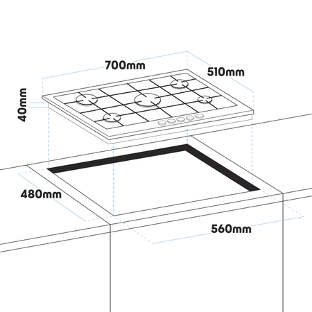 Baridi Gas Hob with 5 Cooking Zones 70cm - Stainless Steel Model No- DH227