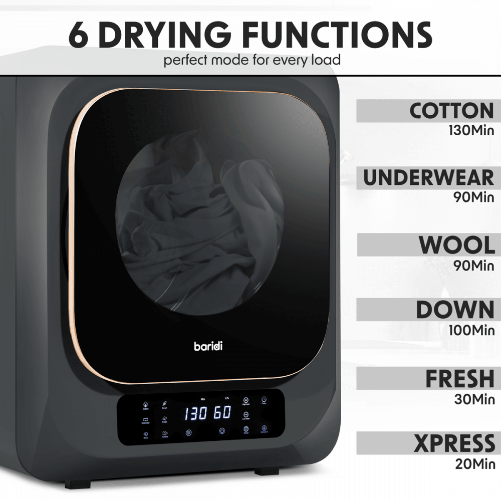 Baridi Tabletop Tumble Dryer with Digital Controls 2.5kg Capacity - Black Model No- DH229