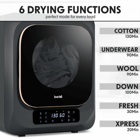 Baridi Tabletop Tumble Dryer with Digital Controls 2.5kg Capacity - Black Model No- DH229