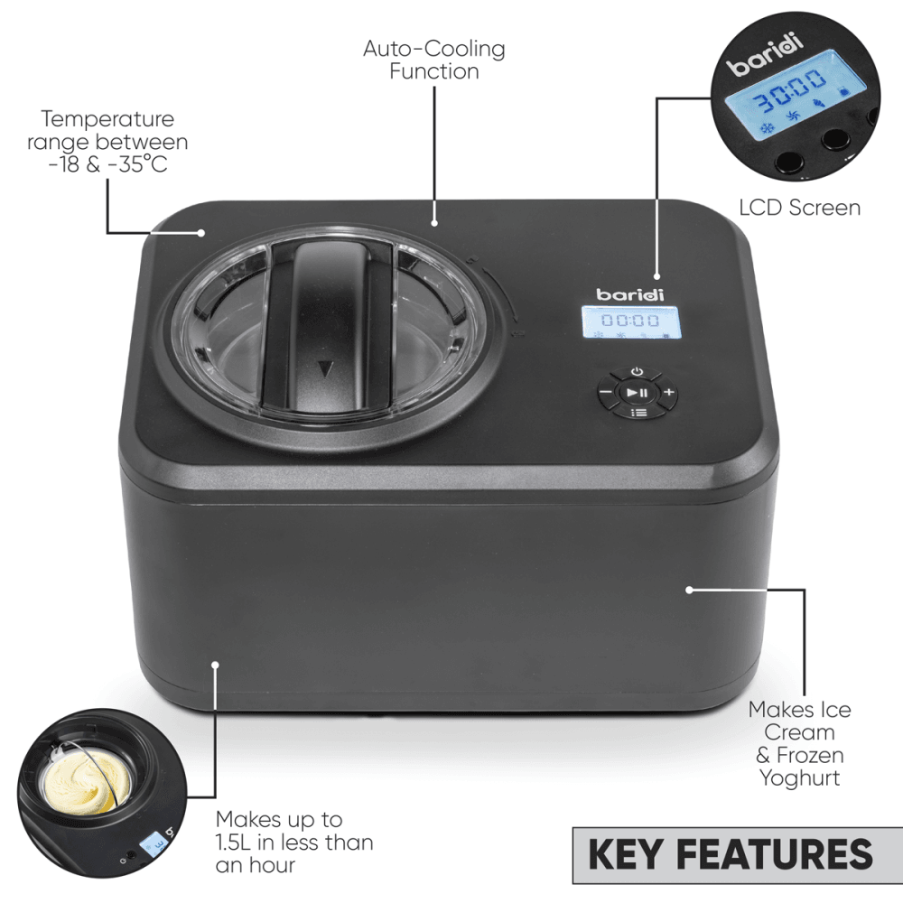 Baridi Automatic Churning Ice Cream Machine 1.5L - Black Model No- DH240