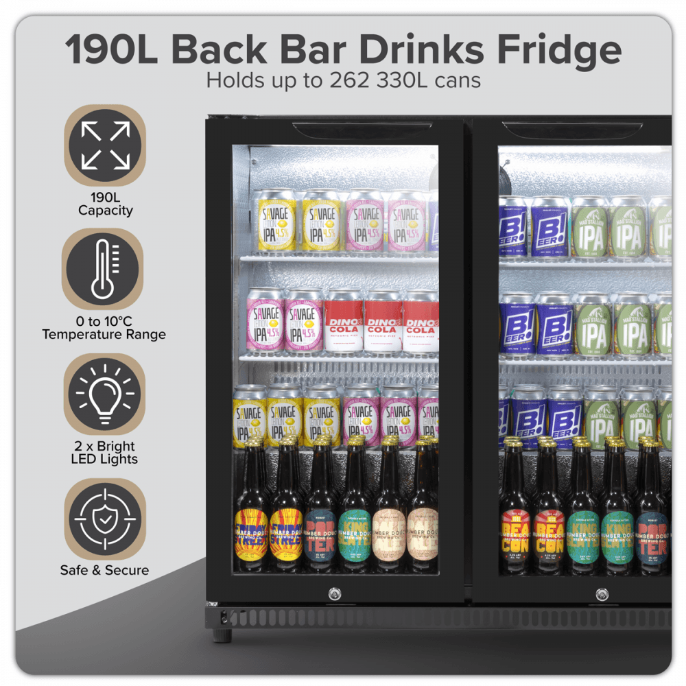 Baridi Hinged Double Door, Back Bar Drinks Fridge/Cooler, 190L Capacity Model No- DH272