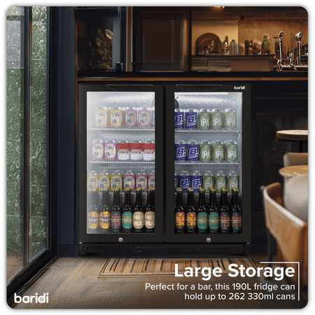 Baridi Hinged Double Door, Back Bar Drinks Fridge/Cooler, 190L Capacity Model No- DH272