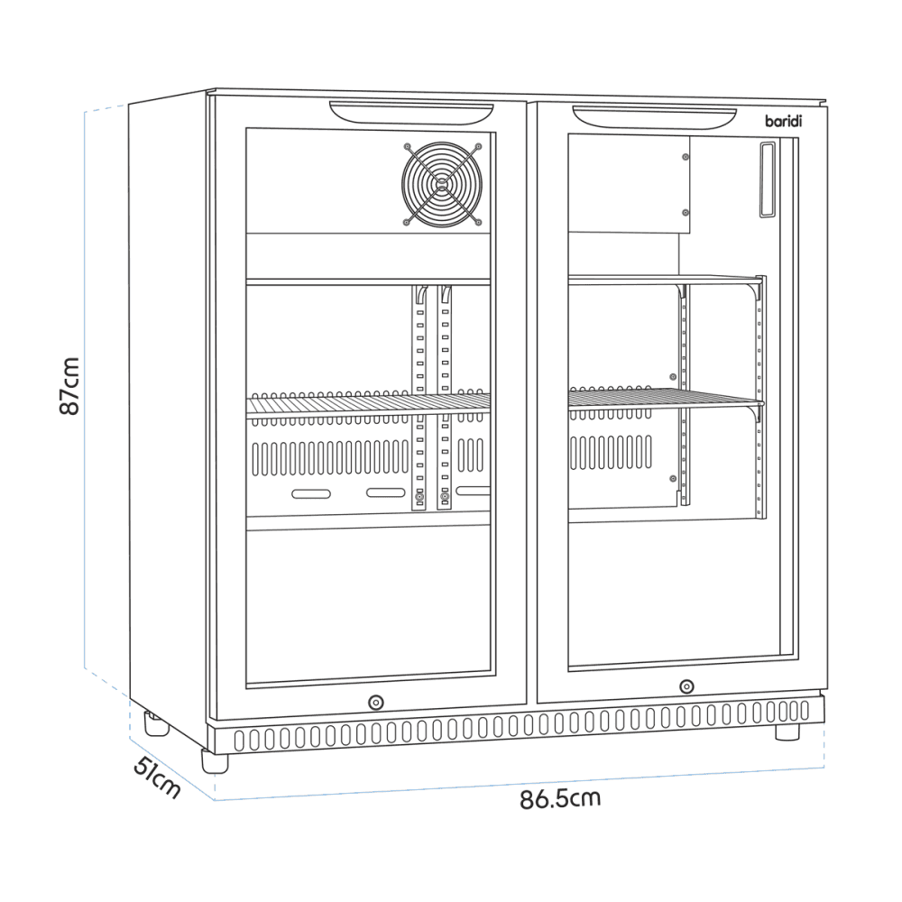 Baridi Hinged Double Door, Back Bar Drinks Fridge/Cooler, 190L Capacity Model No- DH272