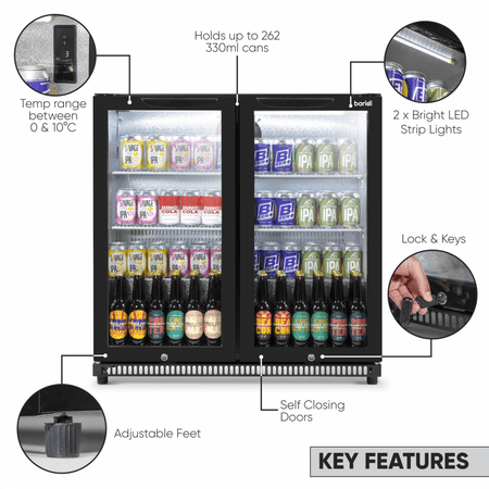 Baridi Hinged Double Door, Back Bar Drinks Fridge/Cooler, 190L Capacity Model No- DH272
