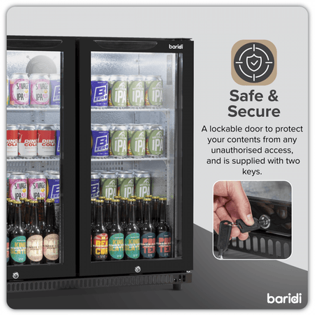 Baridi Hinged Double Door, Back Bar Drinks Fridge/Cooler, 190L Capacity Model No- DH272