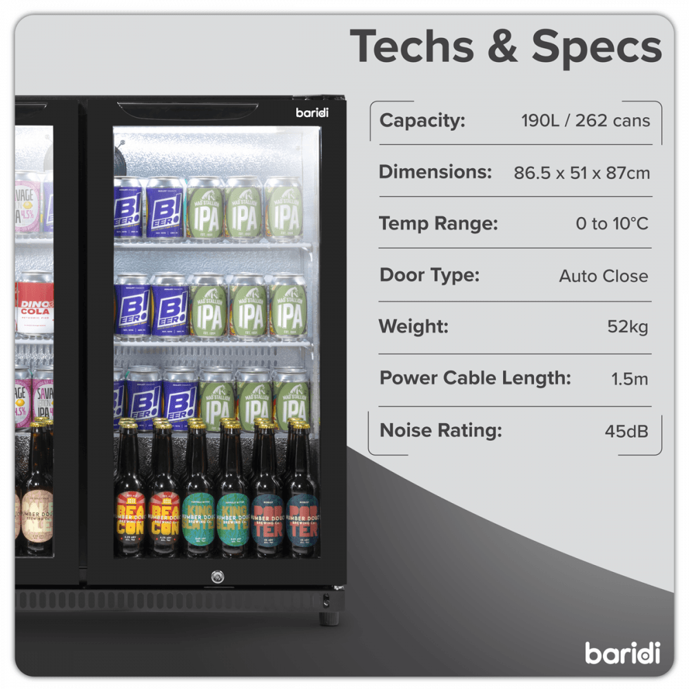 Baridi Hinged Double Door, Back Bar Drinks Fridge/Cooler, 190L Capacity Model No- DH272
