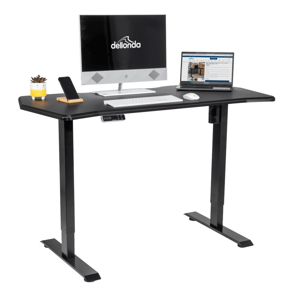 Dellonda Carbon Fibre Effect Electric Height Adjustable Standing Desk with Memory, Quiet, 1400 x 700mm Model No- DH43