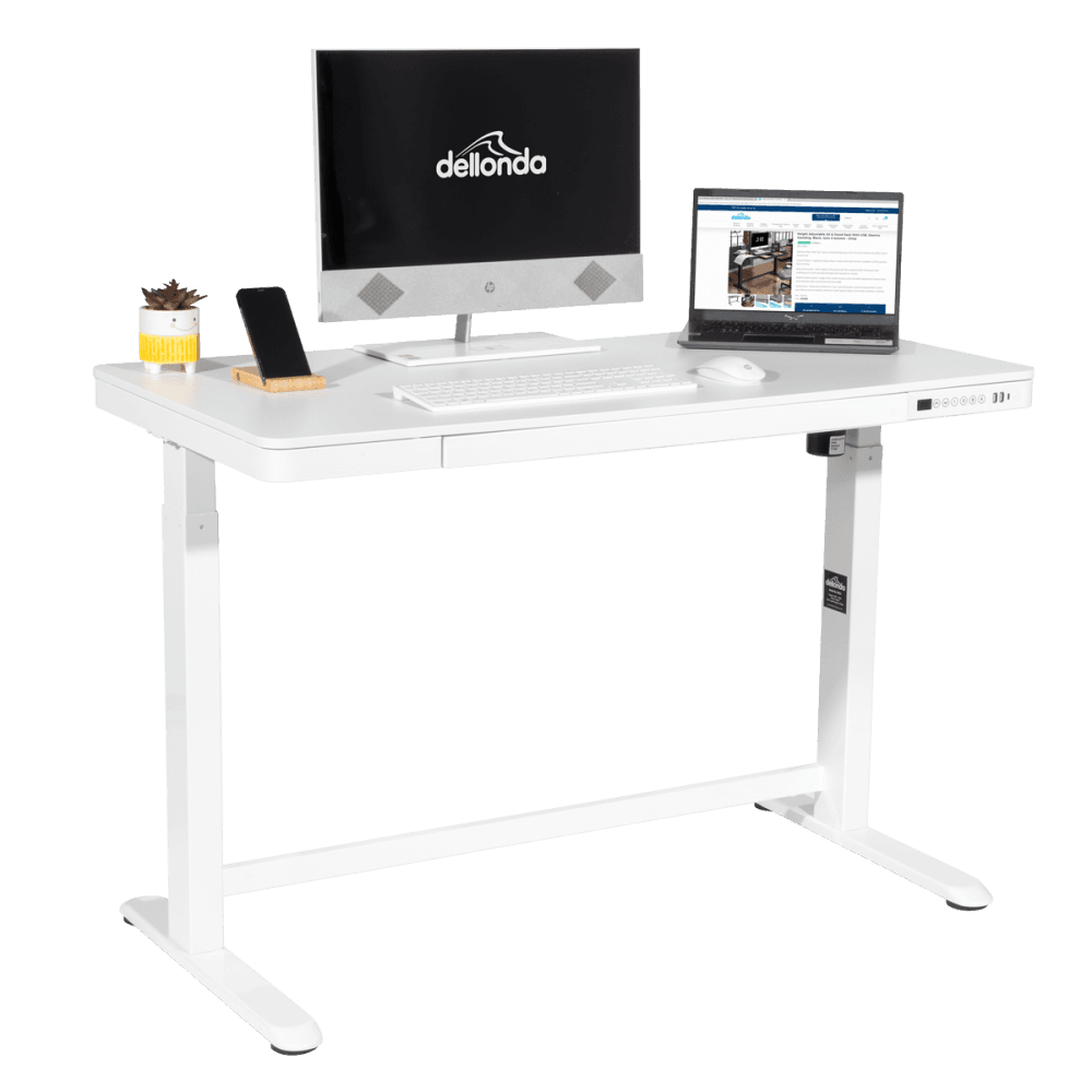 Dellonda Single Motor Ultra-Quiet Electric Desk with Control Panel, USB Port & Drawer - White Desktop Model No- DH54