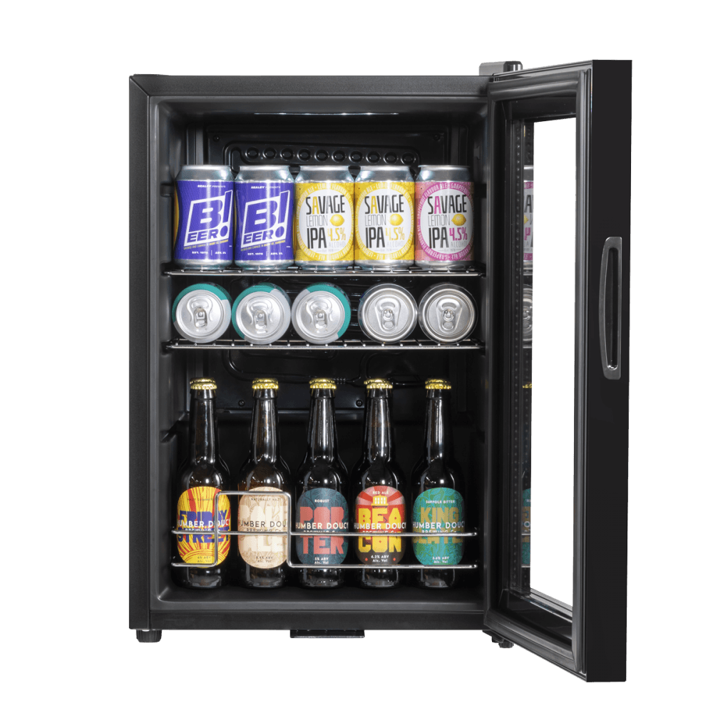 Baridi Beer & Drinks Fridge with LED Light, Black and Glass Door 60L Model No- DH62