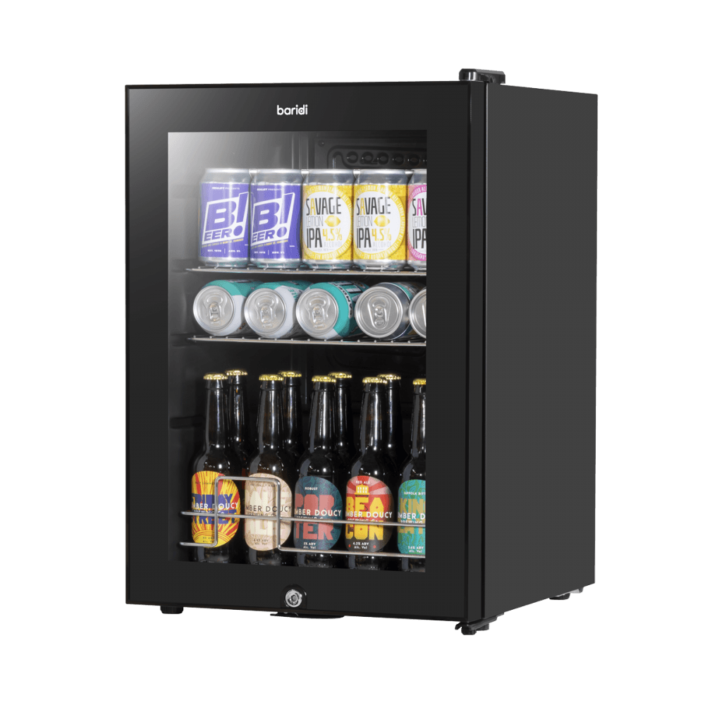 Baridi Beer & Drinks Fridge with LED Light, Black and Glass Door 60L Model No- DH62