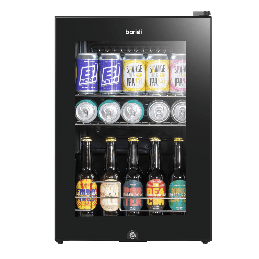 Baridi Beer & Drinks Fridge with LED Light, Black and Glass Door 60L Model No- DH62