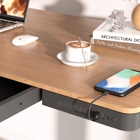 Dellonda Single Motor Ultra-Quiet Electric Desk with Control Panel, USB Port & Drawer - Oak Desktop Model No- DH65