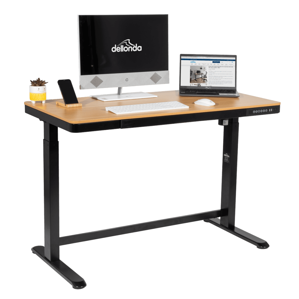 Dellonda Single Motor Ultra-Quiet Electric Desk with Control Panel, USB Port & Drawer - Oak Desktop Model No- DH65