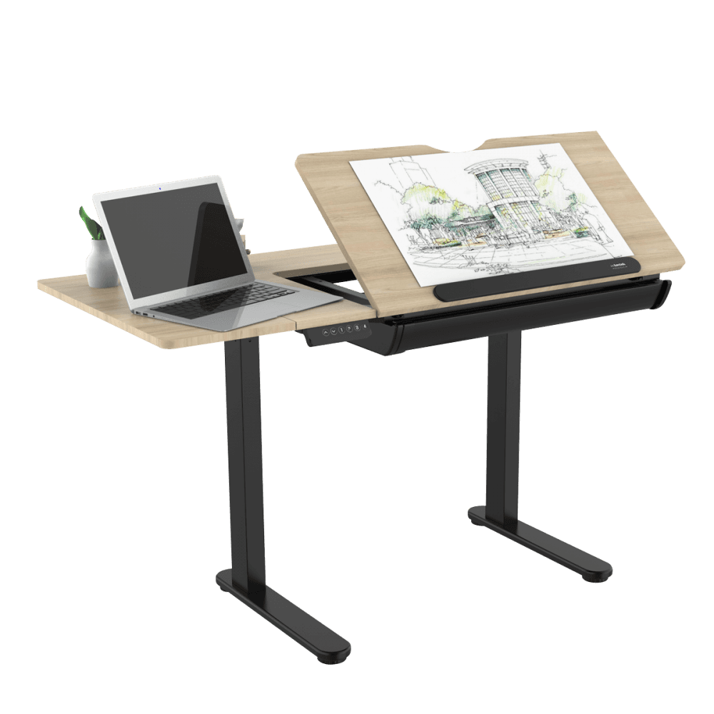 Dellonda Single Motor Ultra-Quiet Electric Adjustable Drawing Table with 40 Tilt, Drawer & Side Table Model No- DH71