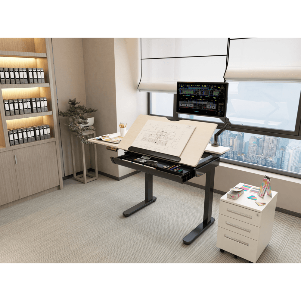 Dellonda Single Motor Ultra-Quiet Electric Adjustable Drawing Table with 40 Tilt, Drawer & Side Table Model No- DH71