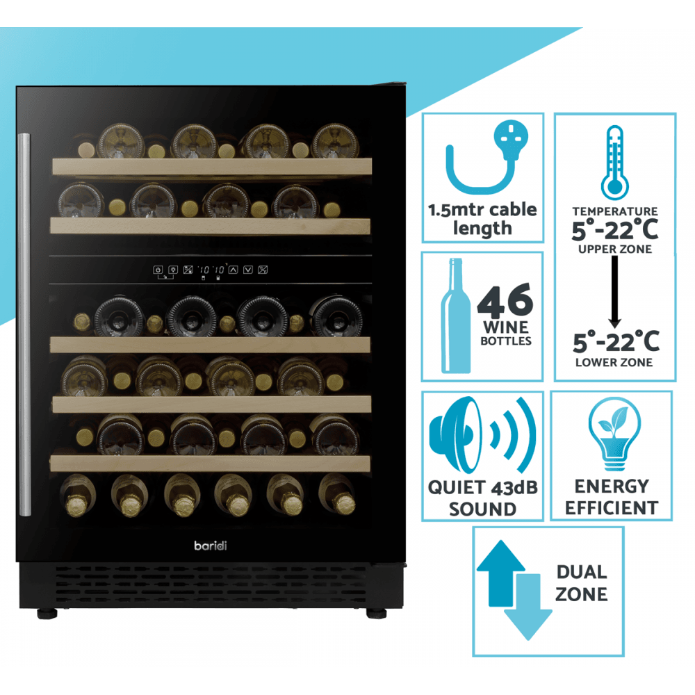 Baridi 46 Bottle Under-Counter/Freestanding Dual Zone Fridge & Cooler 60cm Model No- DH79
