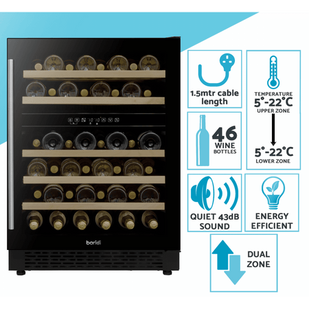 Baridi 46 Bottle Under-Counter/Freestanding Dual Zone Fridge & Cooler 60cm Model No- DH79