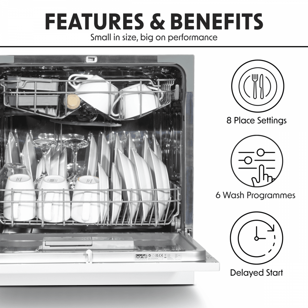 Baridi Tabletop Dishwasher 8 Place Settings 8L Capacity - White Model No- DH86