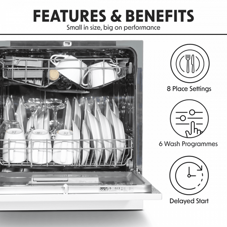 Baridi Tabletop Dishwasher 8 Place Settings 8L Capacity - White Model No- DH86